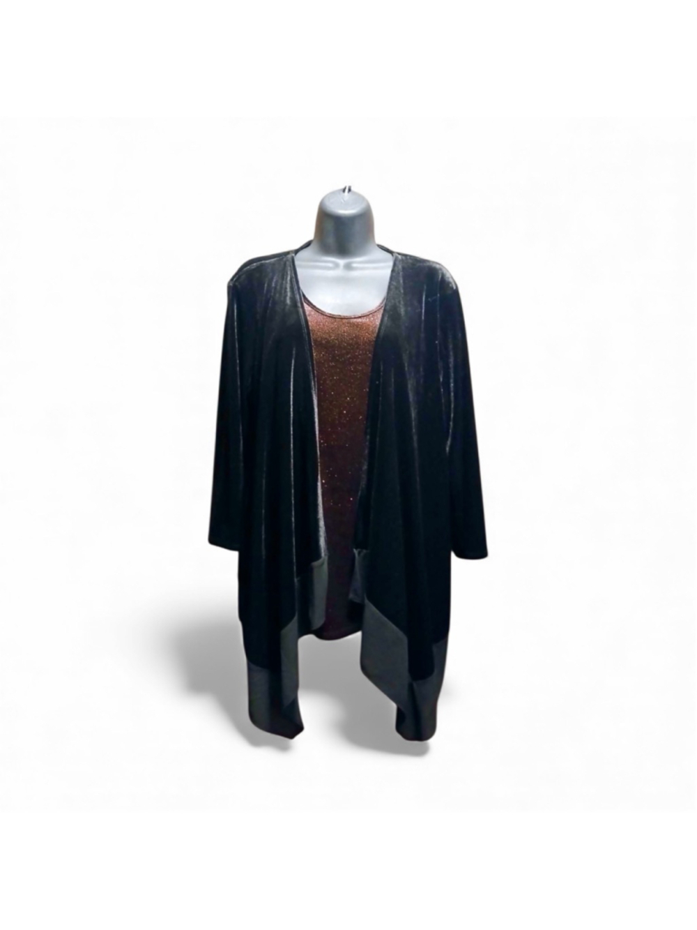 NOTATIONS Black Velvet Open-Front Cardigan Duster Jacket - Size L - INV356 A3